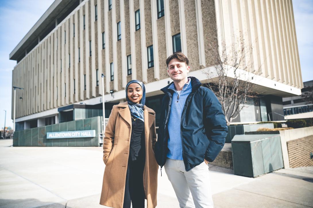 Senior City of Allentown Planner Trevor Tormann ’23G and Community Fellow Huda Hagos ’24 outside Allentown City Hall.